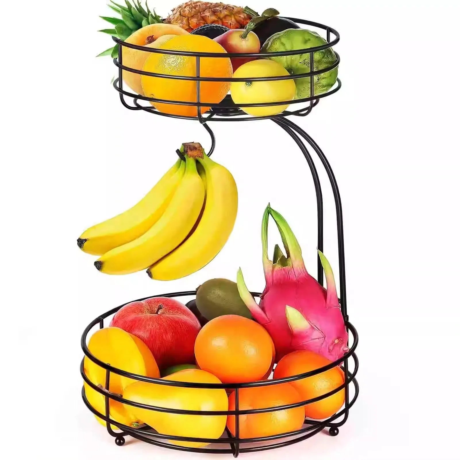 Black and gold wrought iron double-layer fruit basket for restaurant vegetable storage
