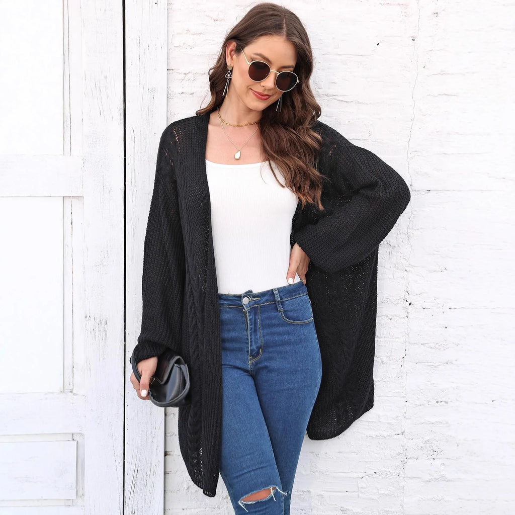 Women's loose acrylic sweater coat in army green colour showing European-American style casual fit