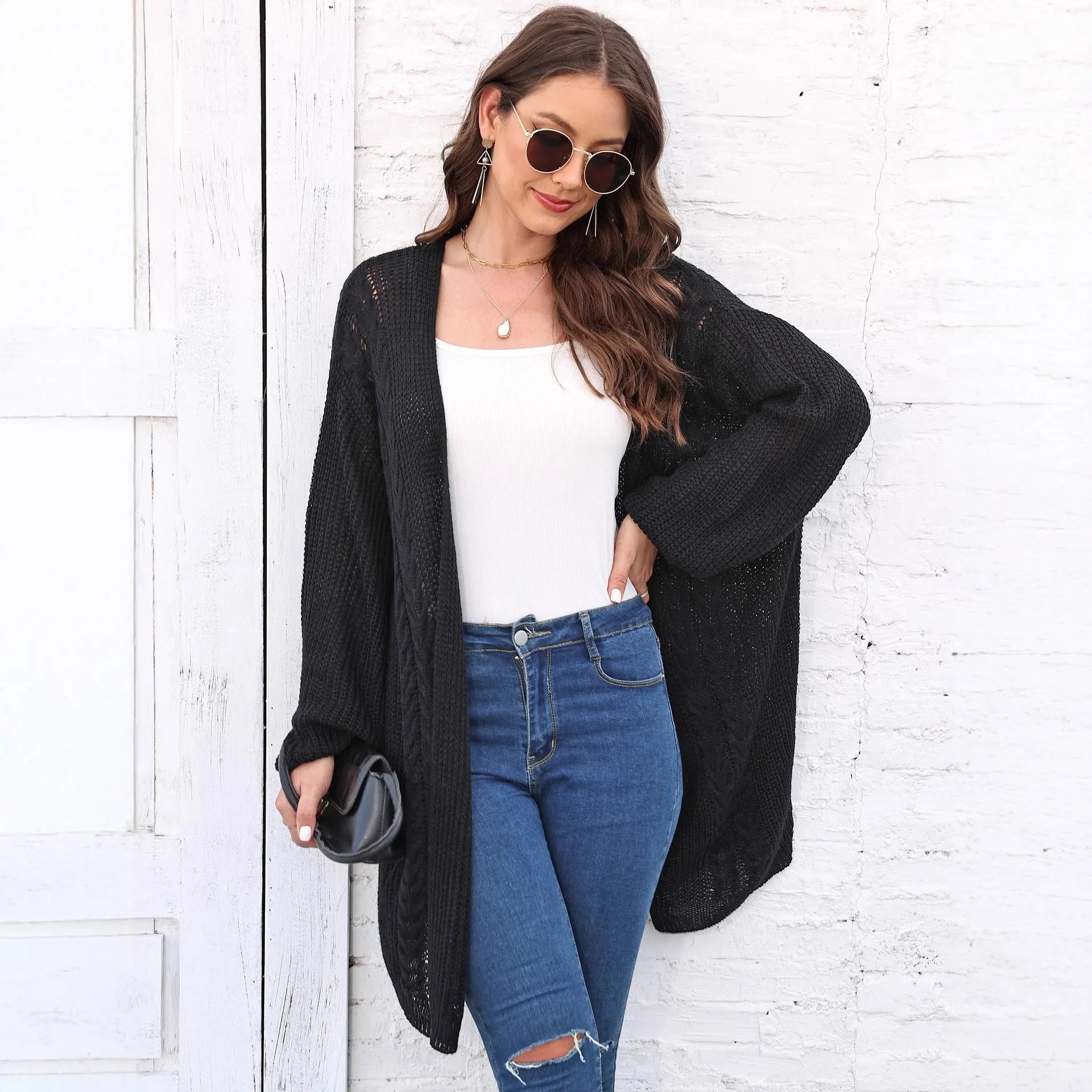 Women's loose acrylic sweater coat in army green colour showing European-American style casual fit