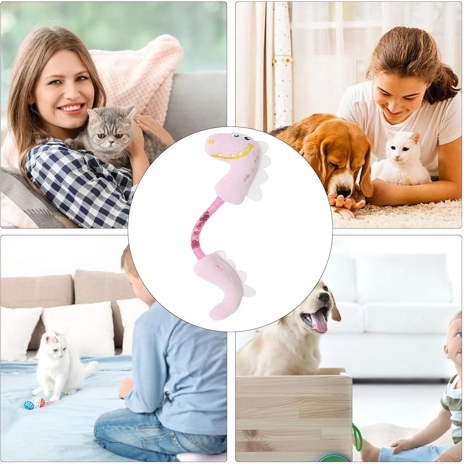 Four cat toys including rope, springs, and plush kicker toys in assorted colours