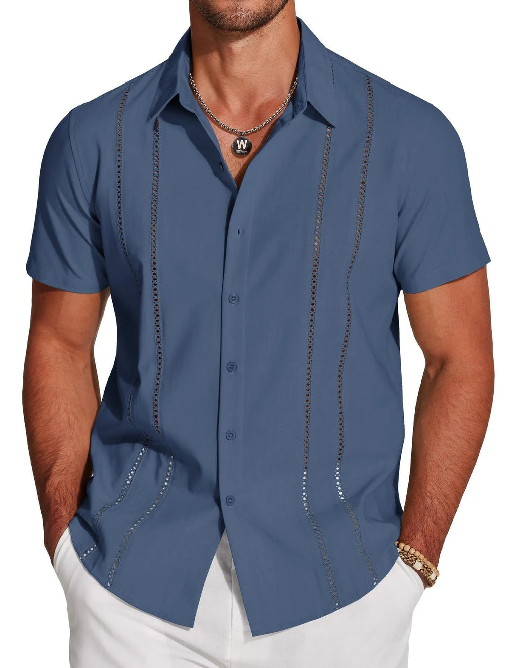 Men's slim fit cardigan-style Hawaiian short sleeve shirt with digital print pattern.