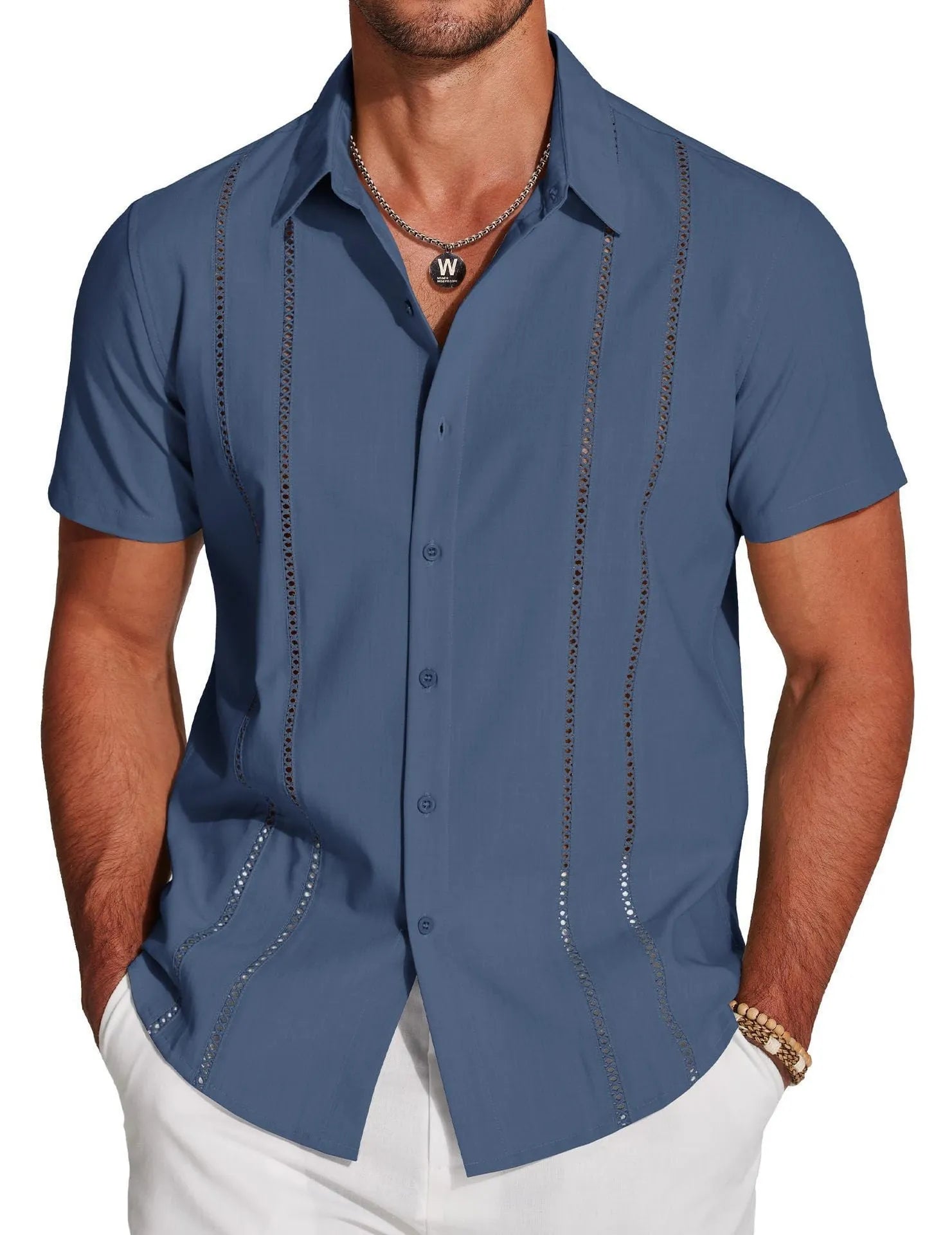 Men's slim fit cardigan-style Hawaiian short sleeve shirt with digital print pattern.