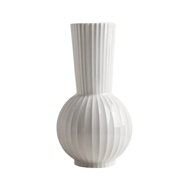 White ball-shaped ceramic vase with stripes, an American country style living room table decoration.