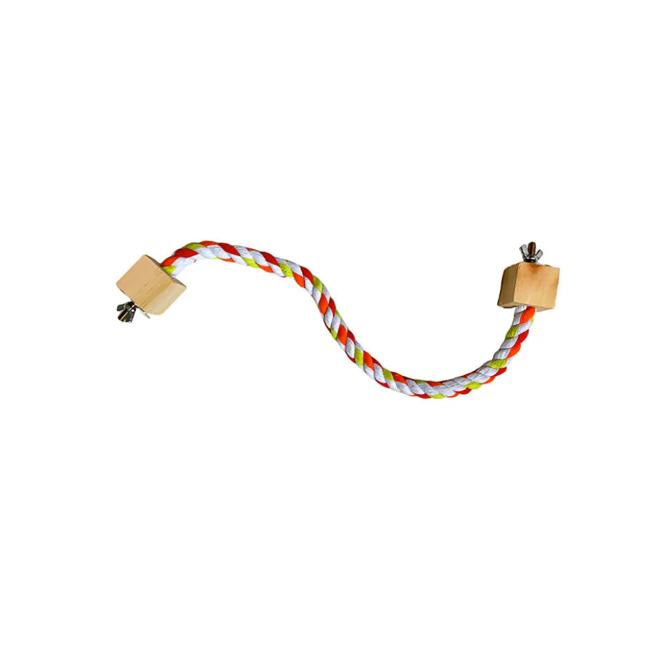 Parrot climbing rope toy with swing rings in wooden material on white background