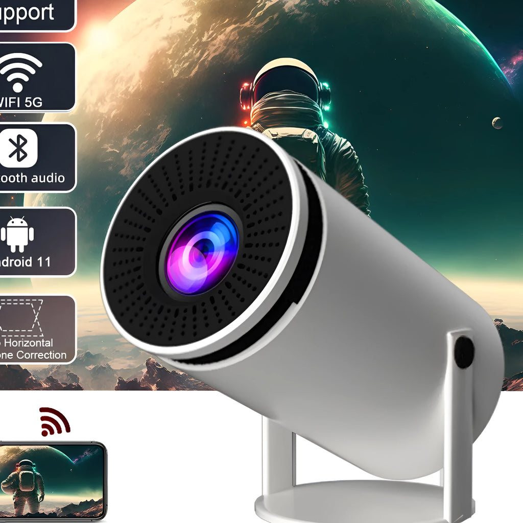 White barrel-shaped Hy300 smart projector with 720p 120ANSI resolution for home cinema