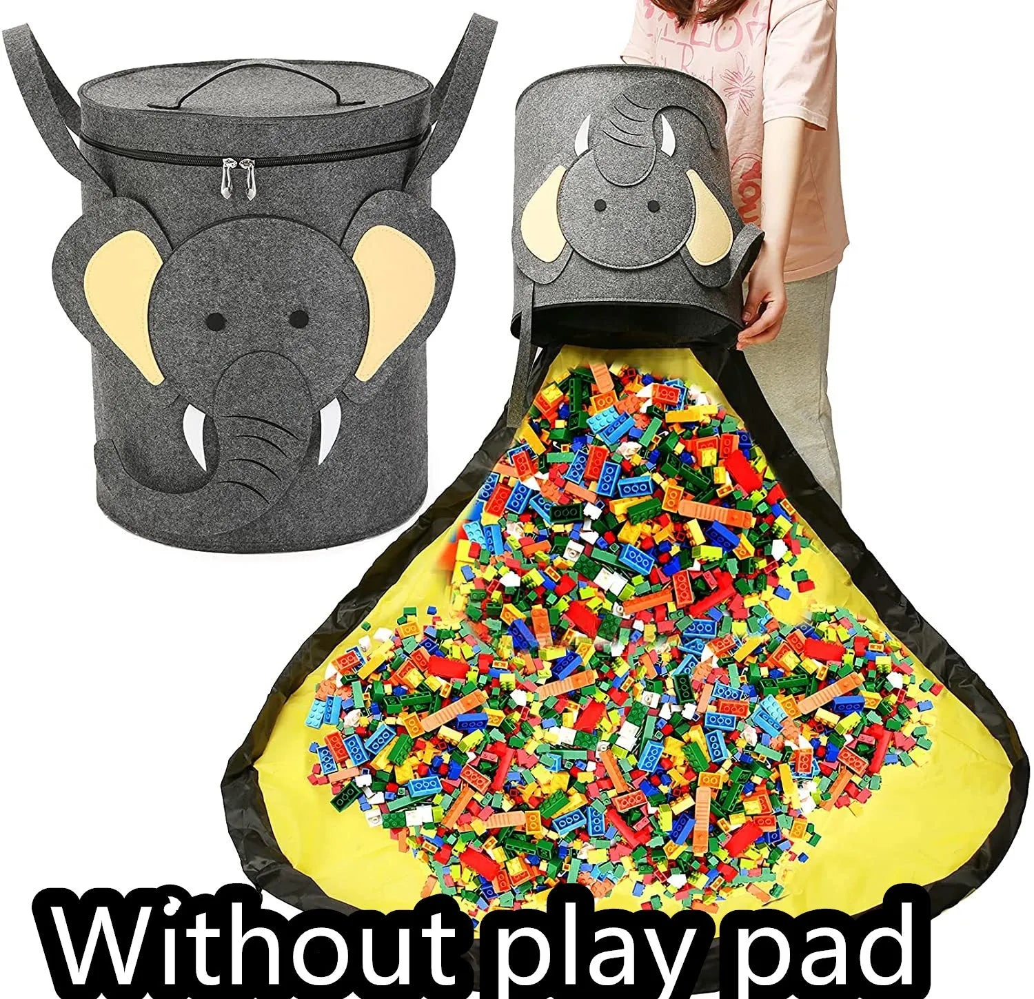 Green felt cube storage bag open as play mat with pull rope closure for children's toys