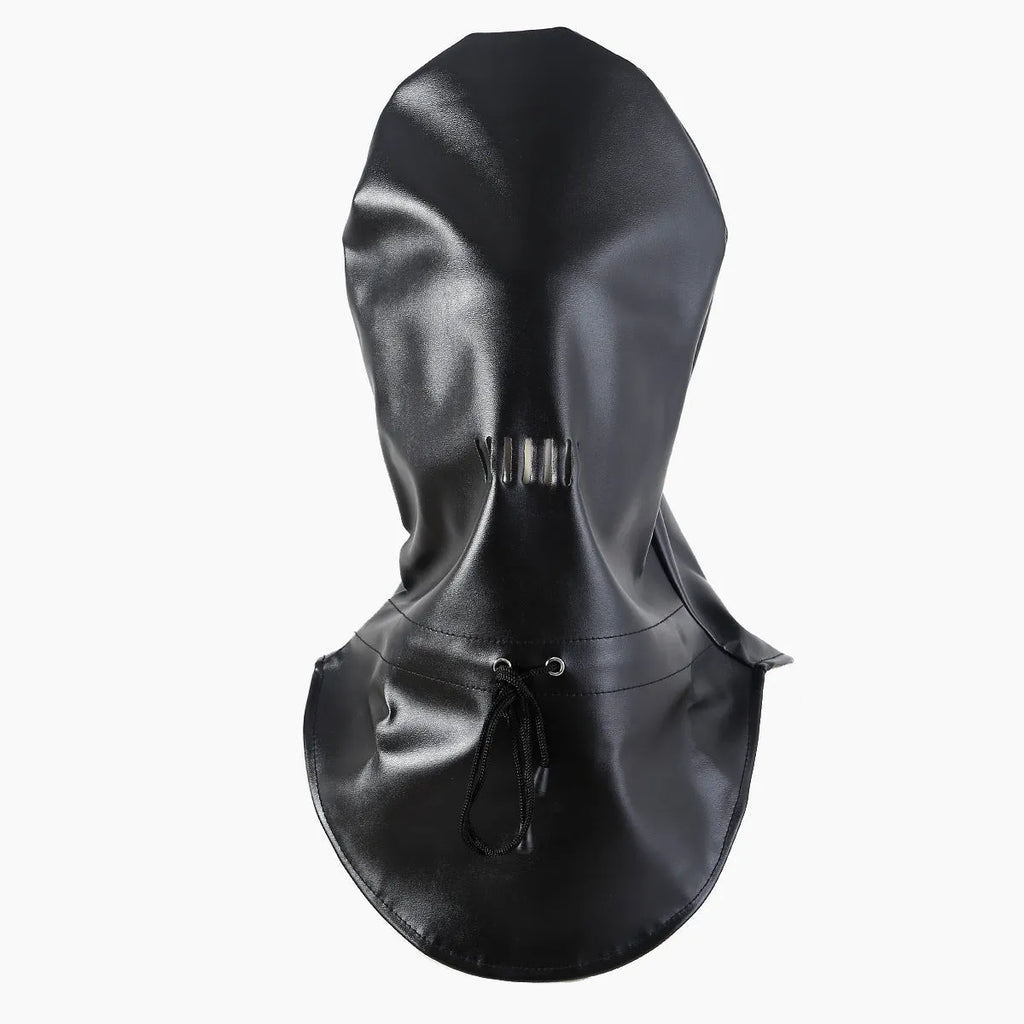 Black PU leather fetish mask with adjustable strap and nose openings