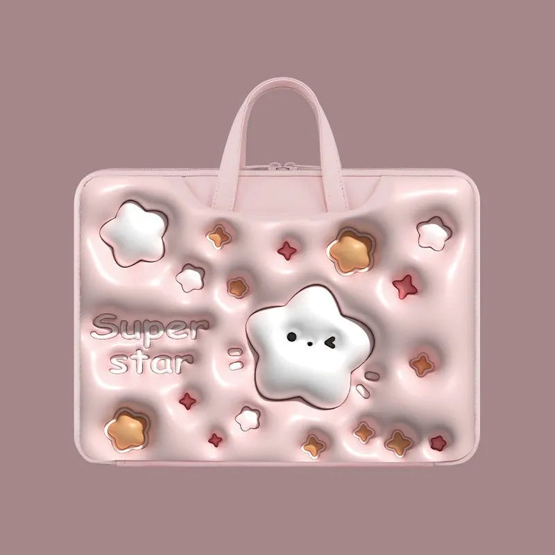 PU leather inflatable laptop bag with cartoon design, shown hanging from a suitcase handle.