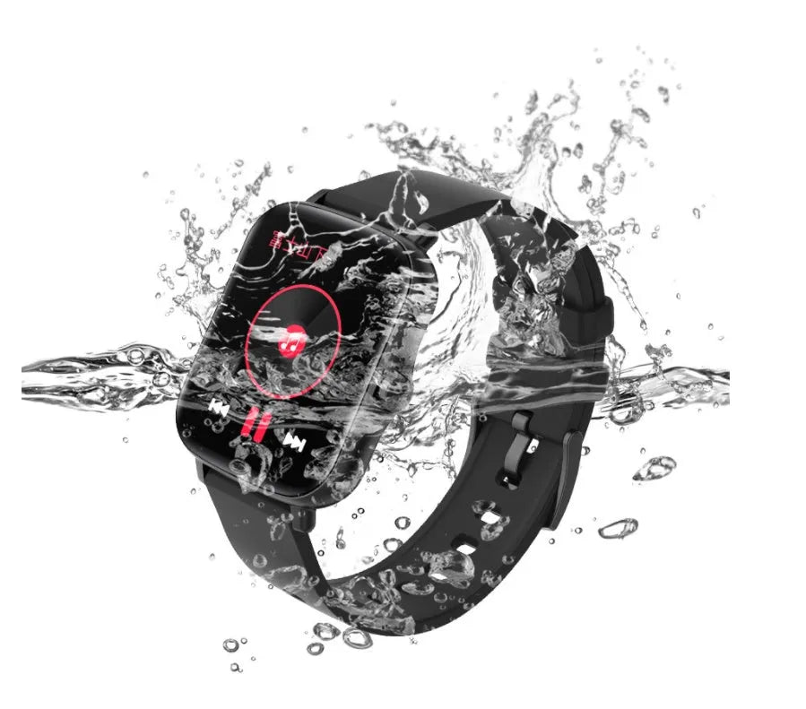 Black smart watch with 1.7-inch colour touchscreen on an adjustable strap.