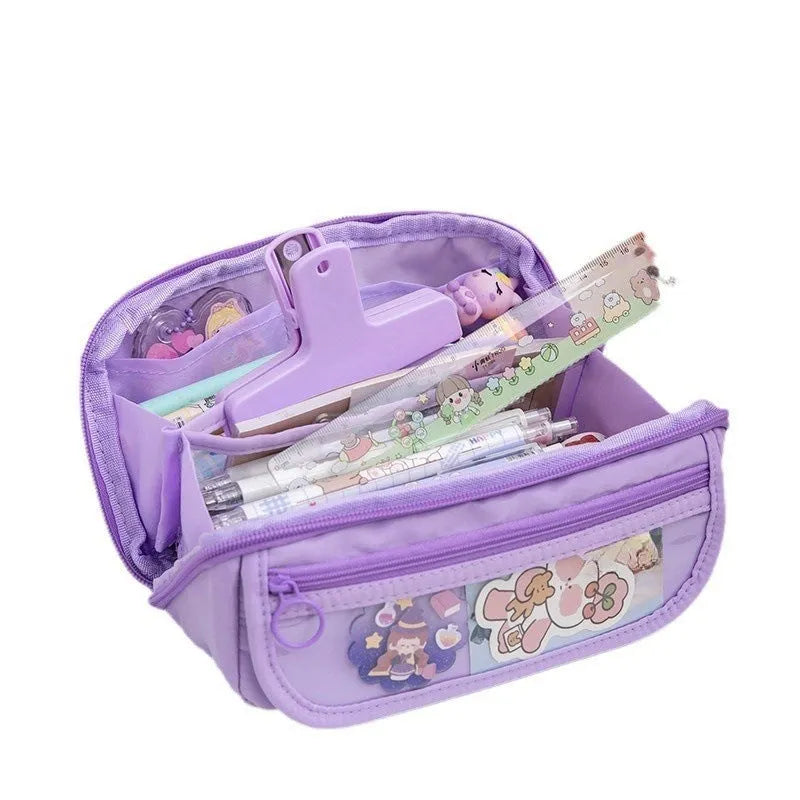 Korean style canvas pencil case with ten-layer flip design showing multiple colour options