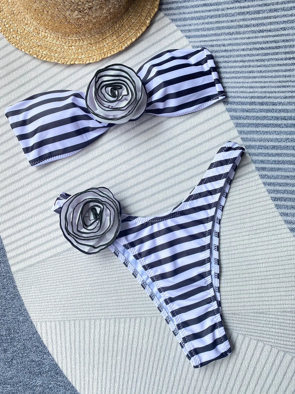 Two-piece bikini swimsuit with cross-border tube top and three-dimensional flower splits in polyester fabric