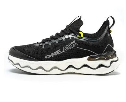 Women's cushioned running shoes with thick rubber soles in a no-lace design on a neutral background.