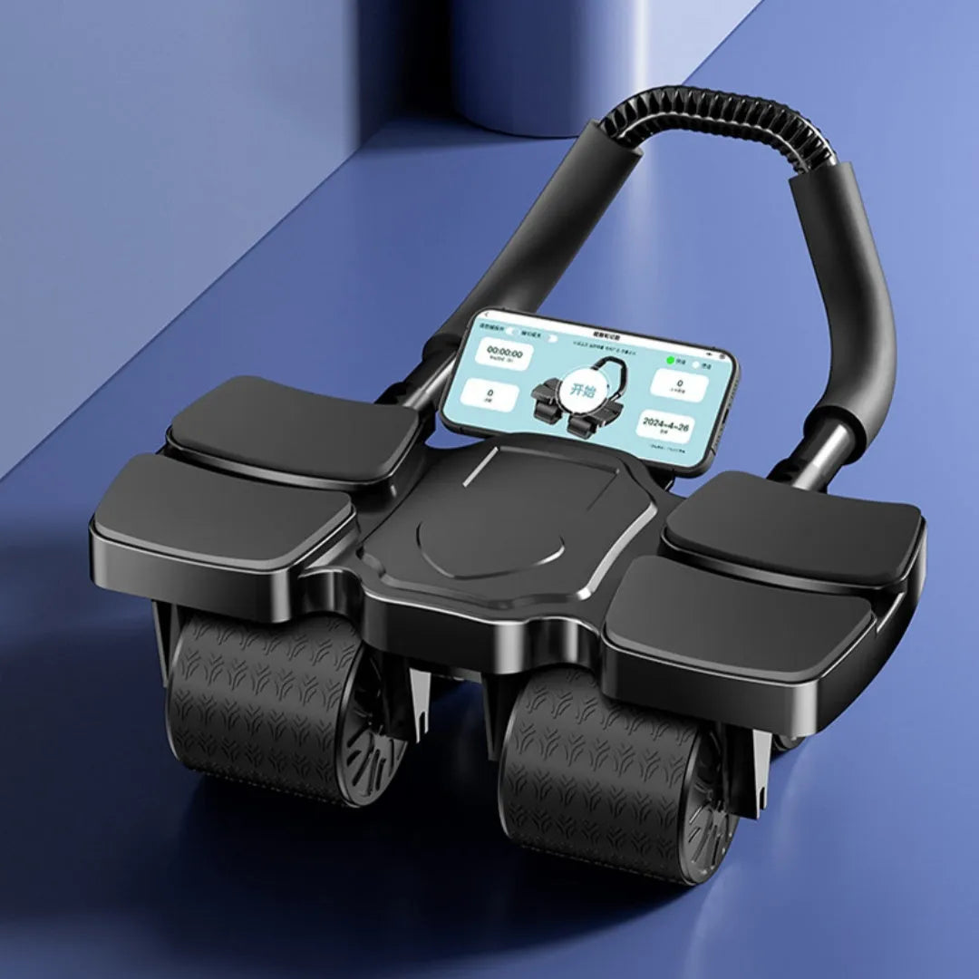 Abdominal exercise wheel with four wheels and automatic rebound mechanism in blue colour.