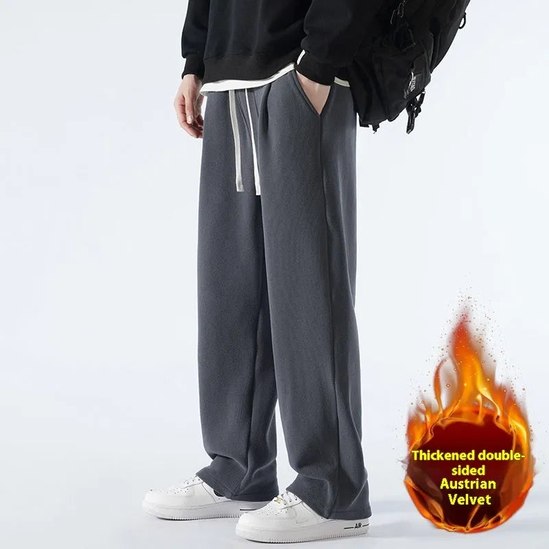 Men's fleece-lined winter sports trousers in Korean loose style with drawstring waist