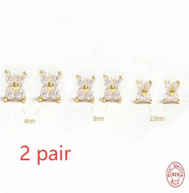 S925 sterling silver stud earrings with geometric crystal petal flowers in gold or platinum plating