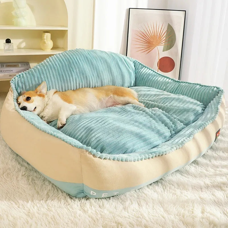 Morandi colour kennel-style dog mat cat bed with removable cover on a sofa, shown in two sizes.