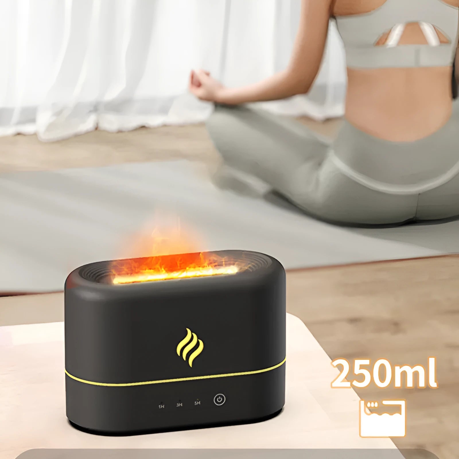White USB humidifier with seven-colour flame effect on wooden desk showing mist output
