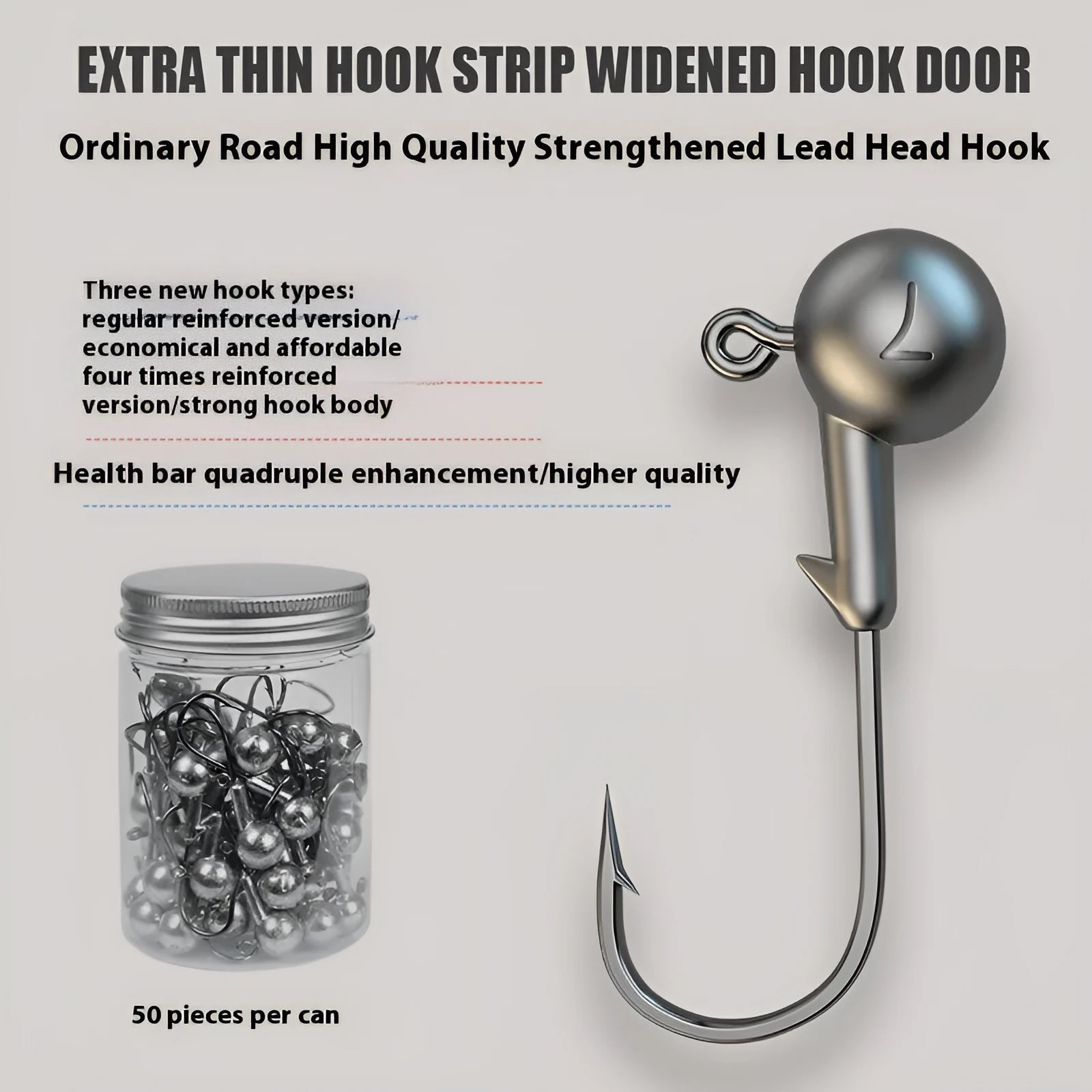 Enhanced jig hooks fishing tackle set with 50 pieces showing 4 times stronger construction in 7G size