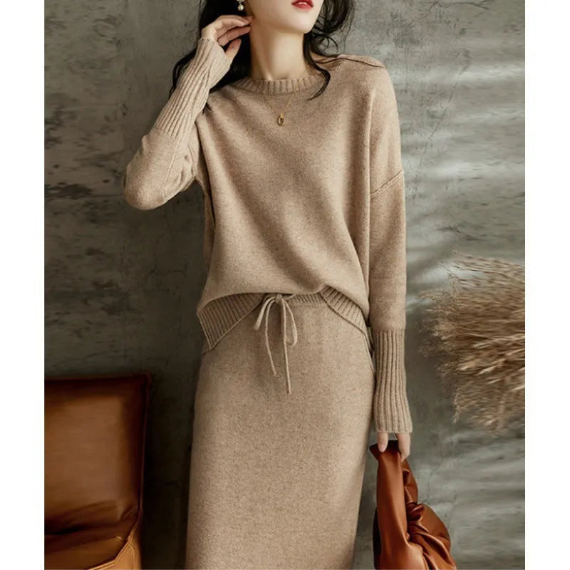 Coffee-coloured knitted two-piece set for women with long sleeve loose top and mid-length skirt