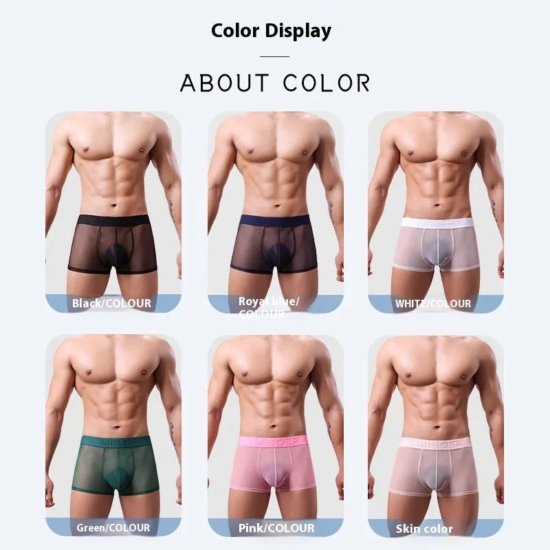 Men's thin quick-drying polyester boxers in six colours on a size chart background.
