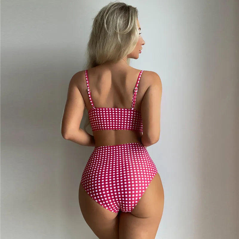 Women's high-waist plaid bikini swimsuit with split bottom briefs in rose red, black, blue, or sky blue.