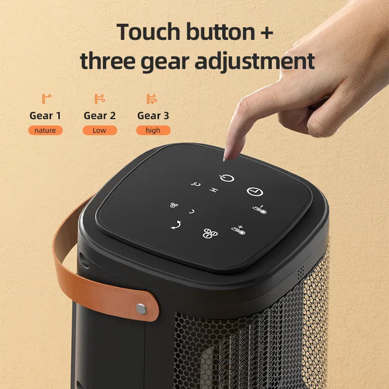 White electric heating radiator with digital touch screen display and remote control on wooden table