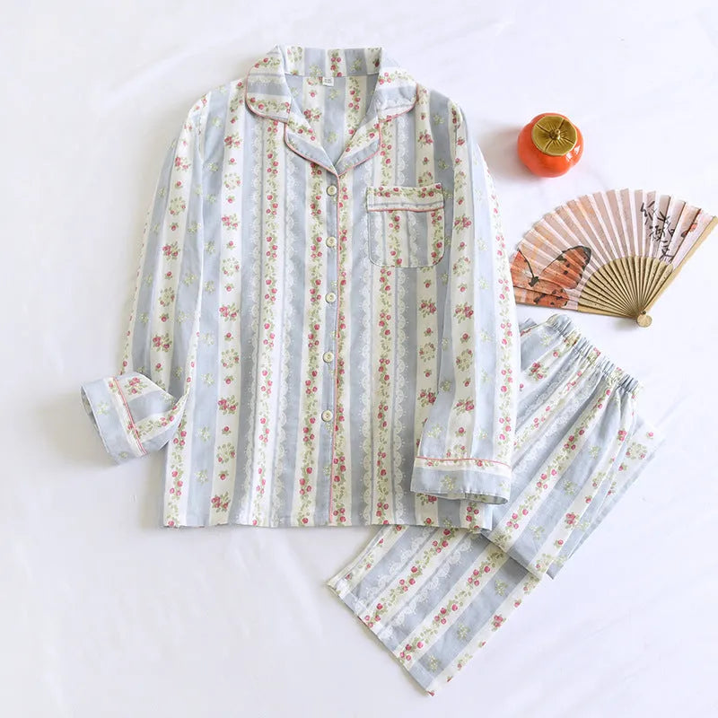 Japanese women's cotton gauze homewear set with long sleeves and trousers in striped or red fruit print