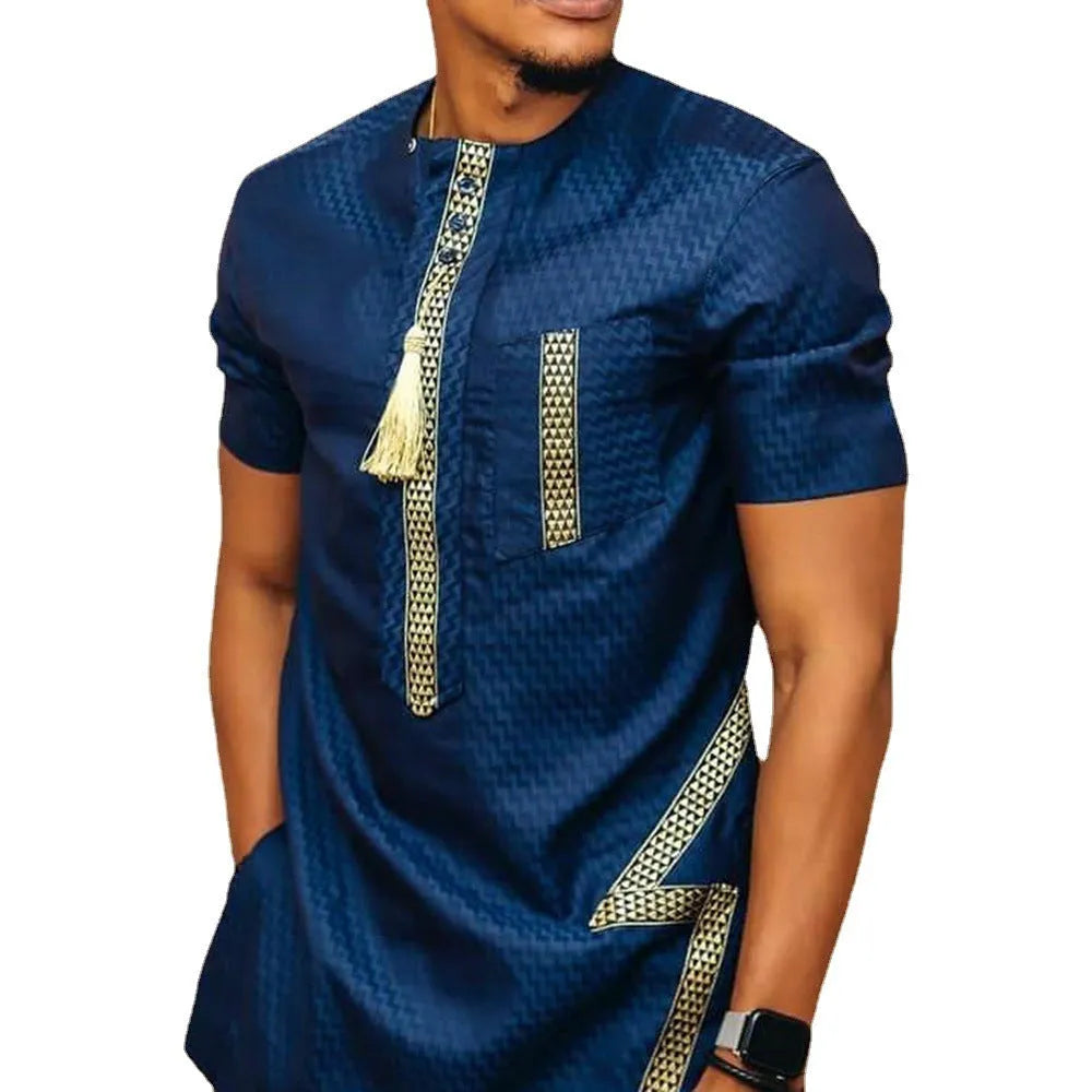 Blue ethnic style linen shirt with stand-up collar, loose casual fit