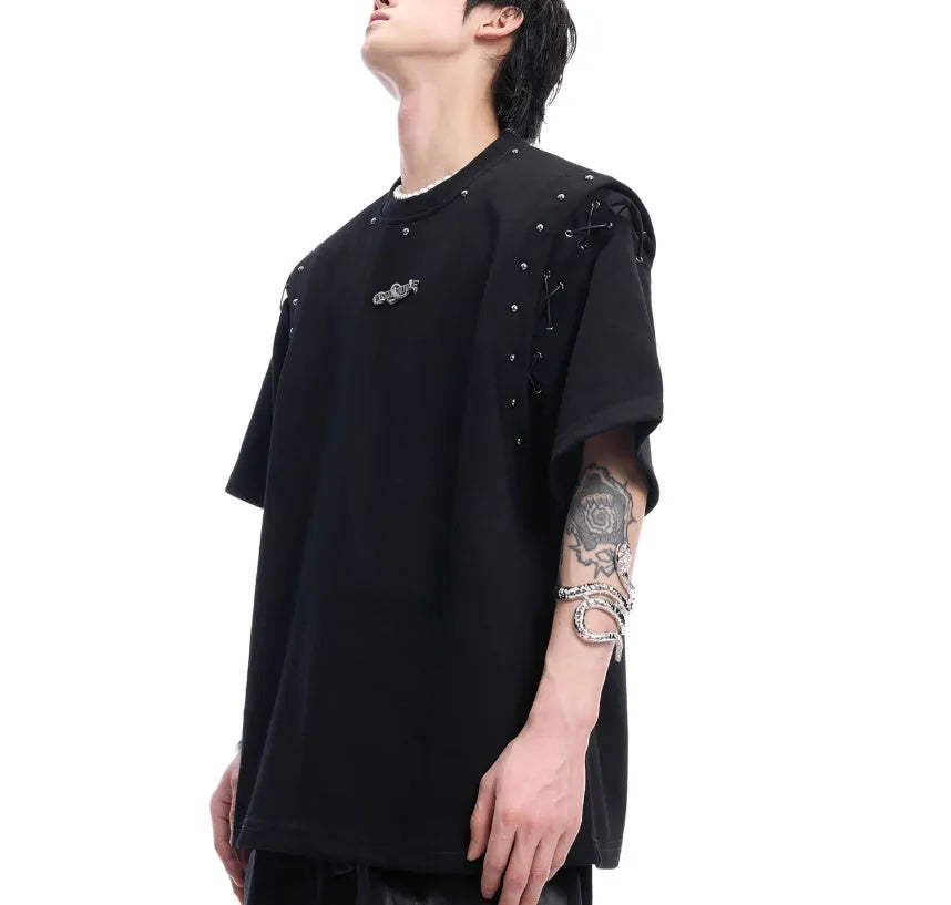 Women's black deconstruction lace-up cutout short sleeve t-shirt on a hanger.