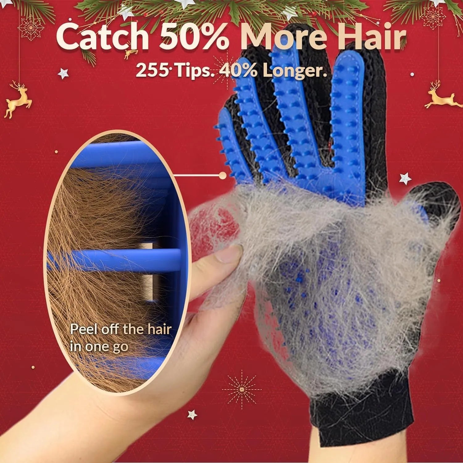Blue pet grooming glove with silicone tips for brushing dogs and cats