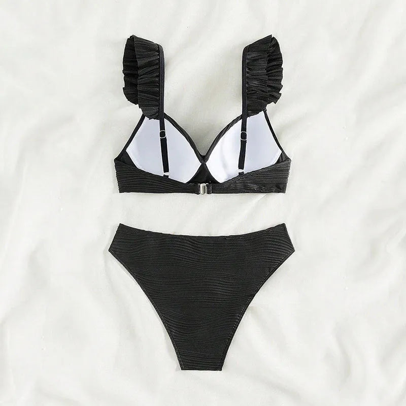 Women's solid colour bikini swimsuit in polyester fibre available in black or khaki