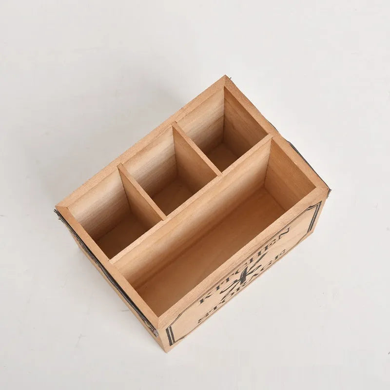 Wooden kitchen storage box with grid divider for knives, forks, and chopsticks
