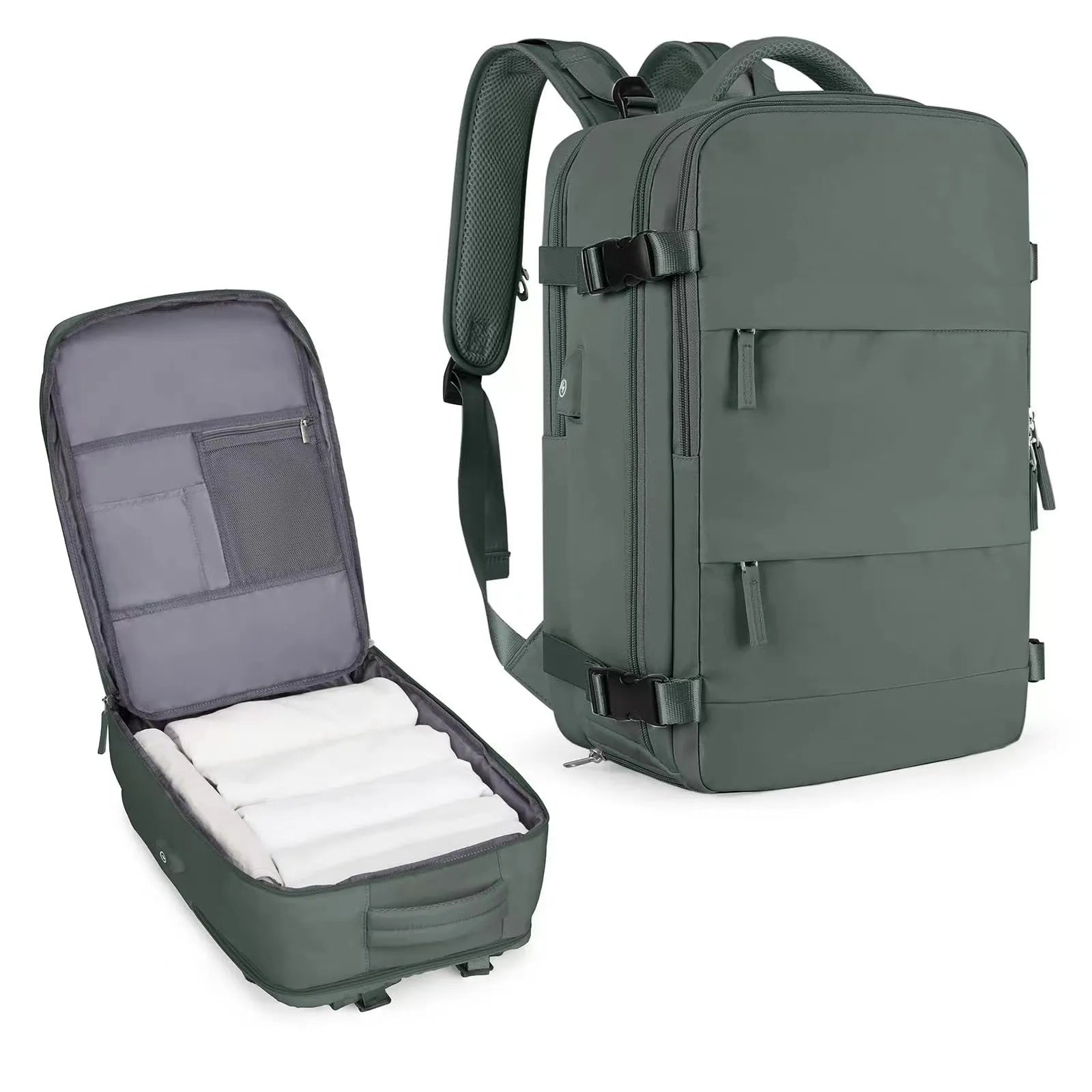 Large black nylon mummy-style travel backpack with a waterproof lining.