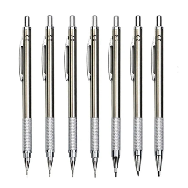 Metal automatic mechanical pencil with various lead specifications displayed