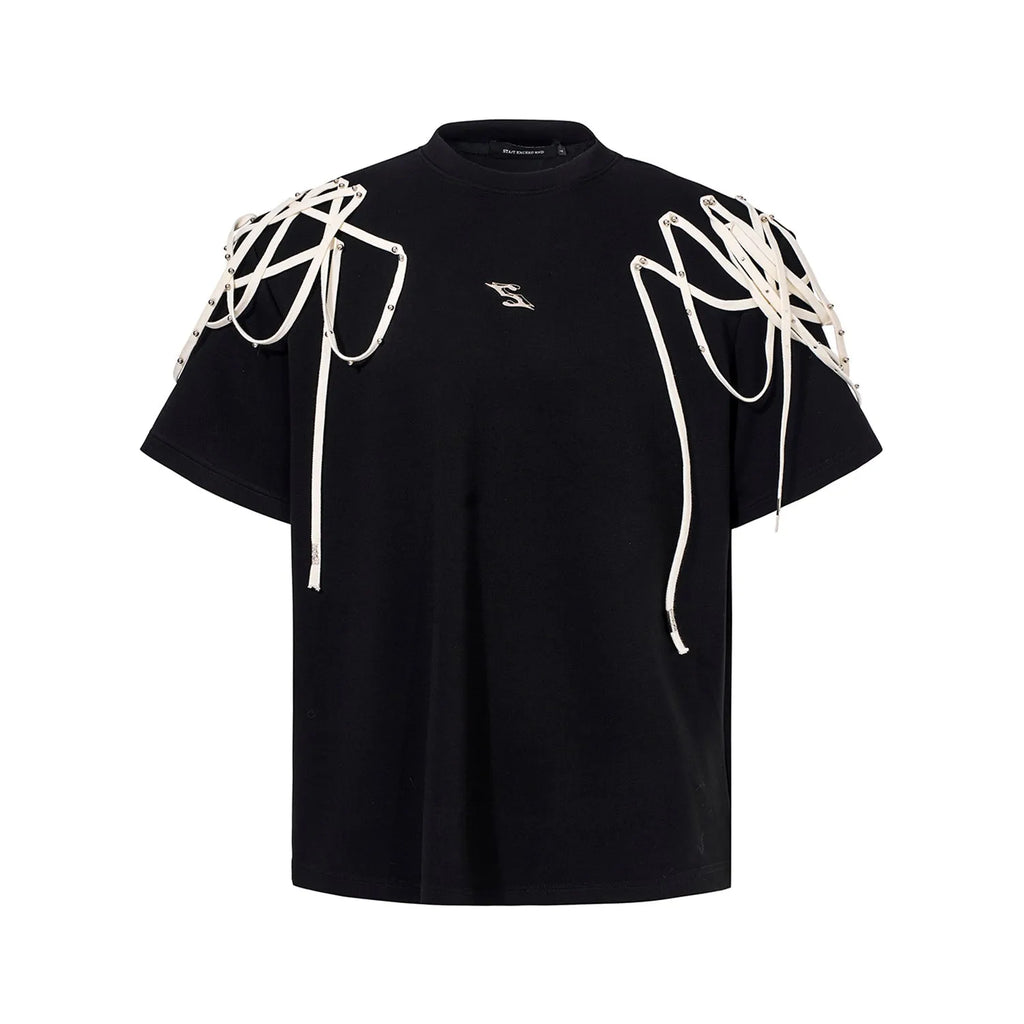 Black loose-fit short-sleeved t-shirt with padded shoulder detail and ribbed cotton texture.