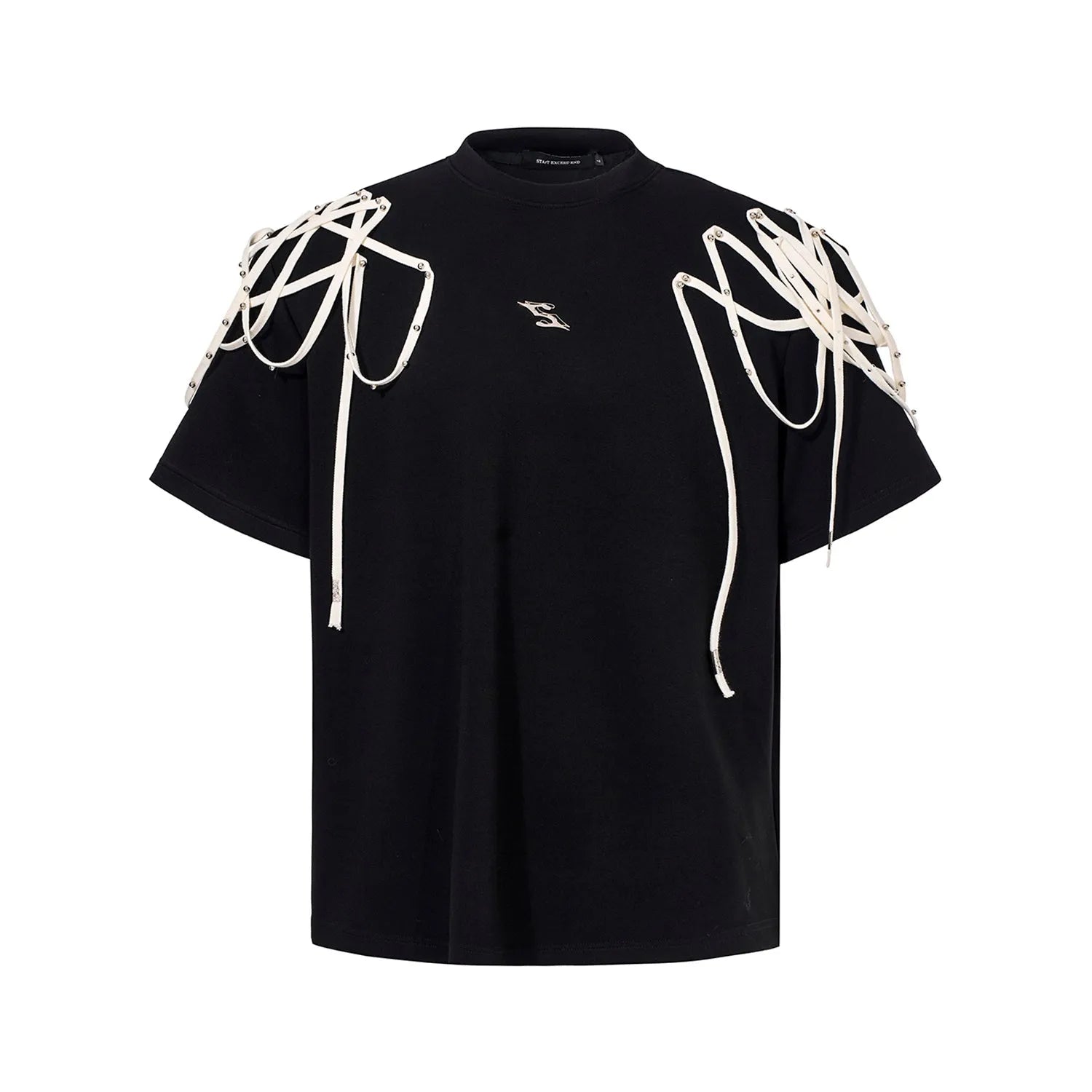 Black loose-fit short-sleeved t-shirt with padded shoulder detail and ribbed cotton texture.