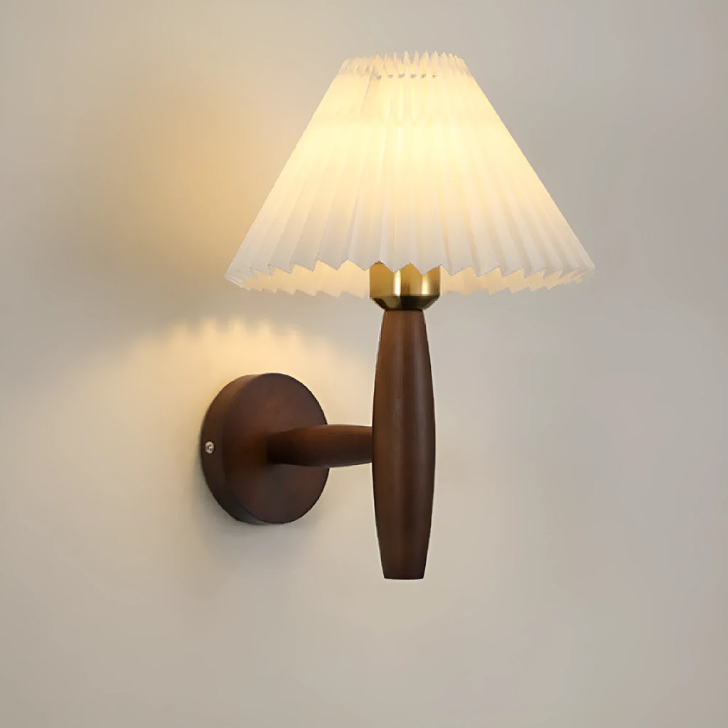 Retro style wall lamp with rubber wood base and fabric shade in walnut finish