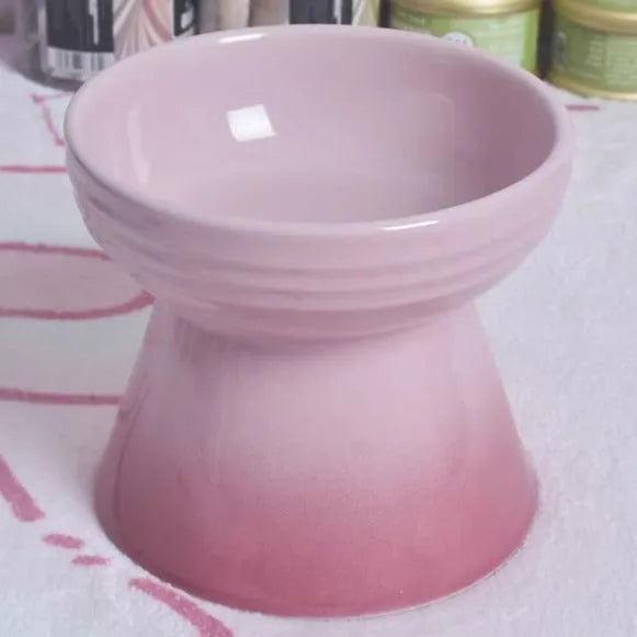 A white ceramic pet bowl with a high foot and raised neck protector to prevent tipping.