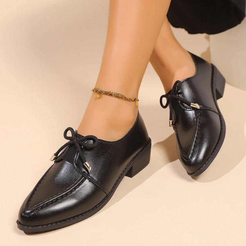 Women's British-style leather shoes with decorative bow, round toe, PU upper and rubber sole