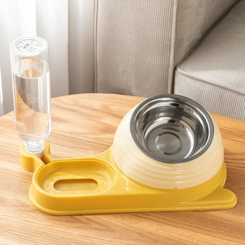 Brown elevated cat food bowl with integrated water dispenser bottle for automatic feeding