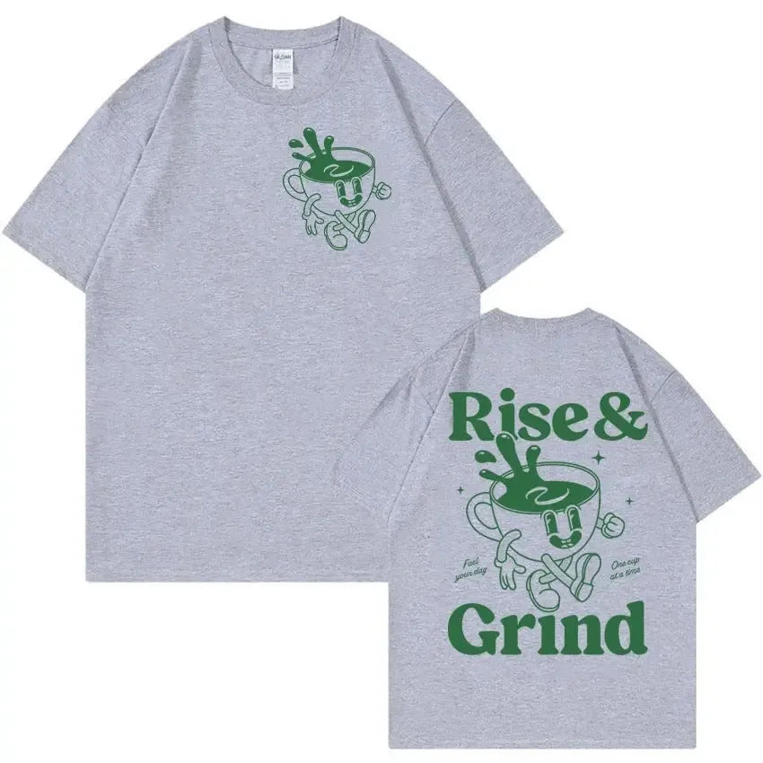 Linen loose-fit t-shirt with Rise And Grind green coffee bag cartoon graphic, shown in multiple colours.