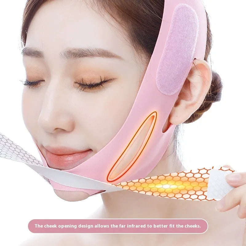 Far infrared elastic V face bandage facial care tool in pink and black colours with adjustable head strap