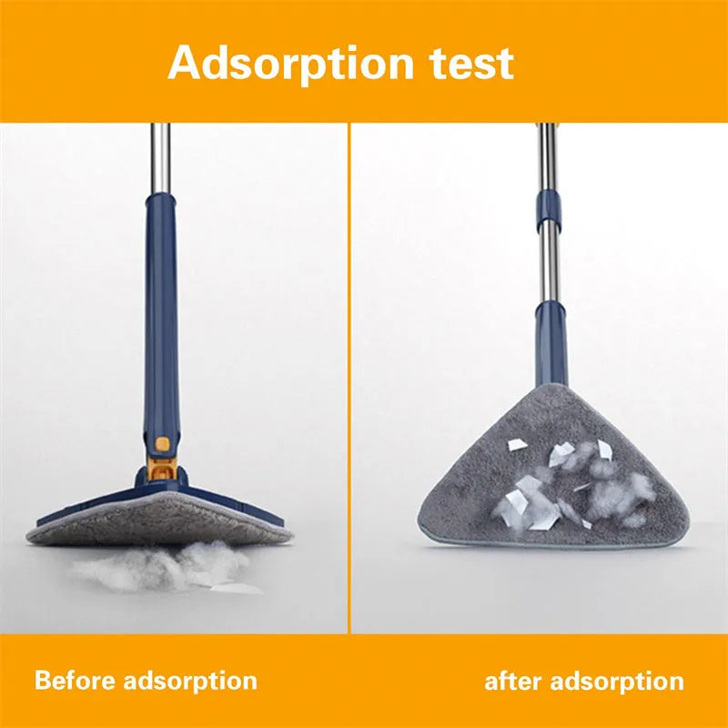 Blue triangle cleaning mop with extendable pole and rotating head for corner cleaning