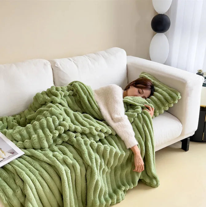 Solid colour bubble faux rabbit fur double-sided thickening blanket shown in a khaki colour