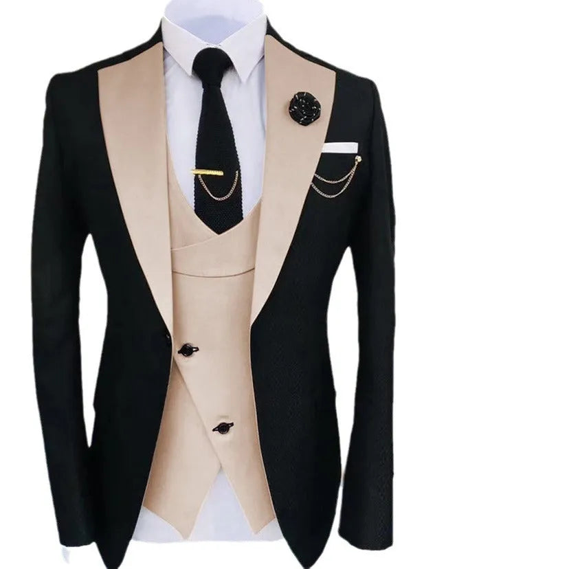 Men's slim fit three-piece business suit in cotton with vest, coat, and trousers