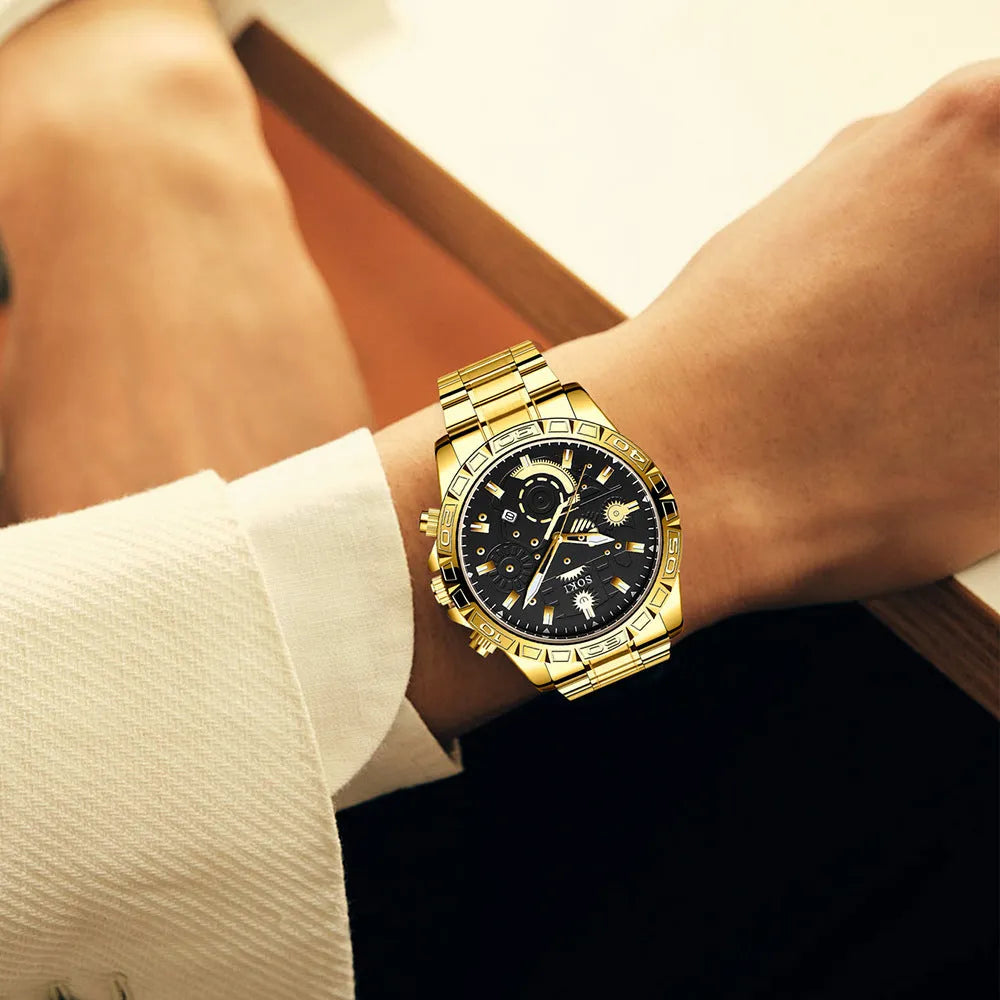 Men's gold business calendar quartz watch with stainless steel band showing date display