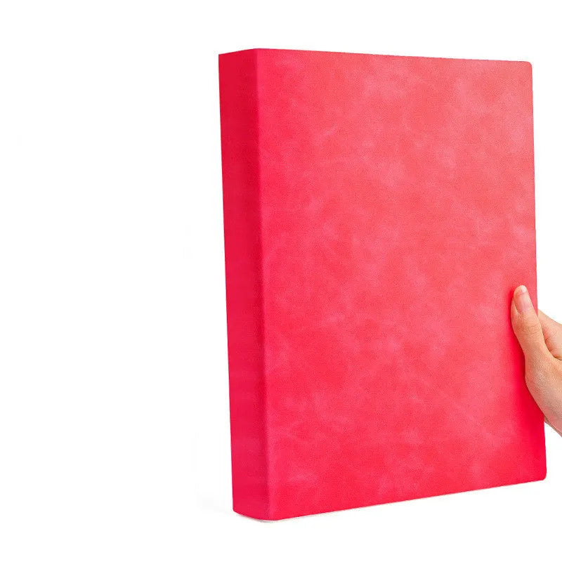 Thickened A4 soft leather notebook with imitation leather cover open to lined pages, showing ivory white paper and choice of multiple colours