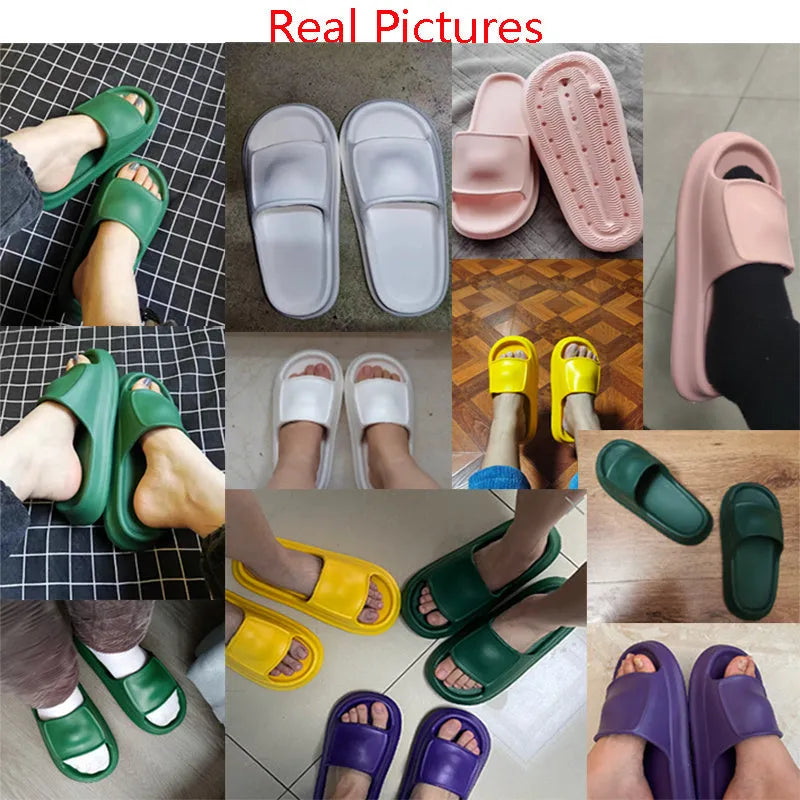 Pair of thick-soled EVA flip flop slippers in purple, showing deep sole profile.