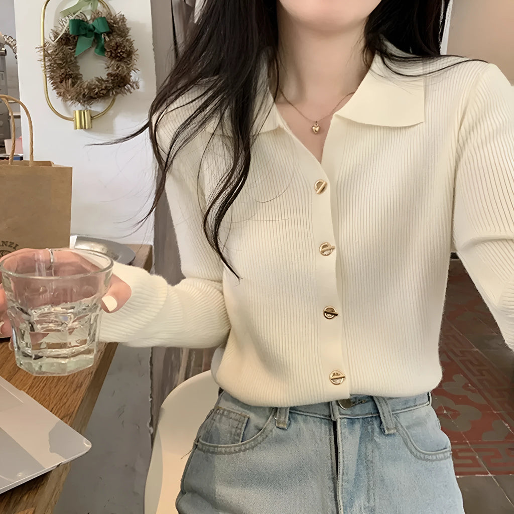 Beige viscose knitted cardigan with long sleeves displayed as bottoming top