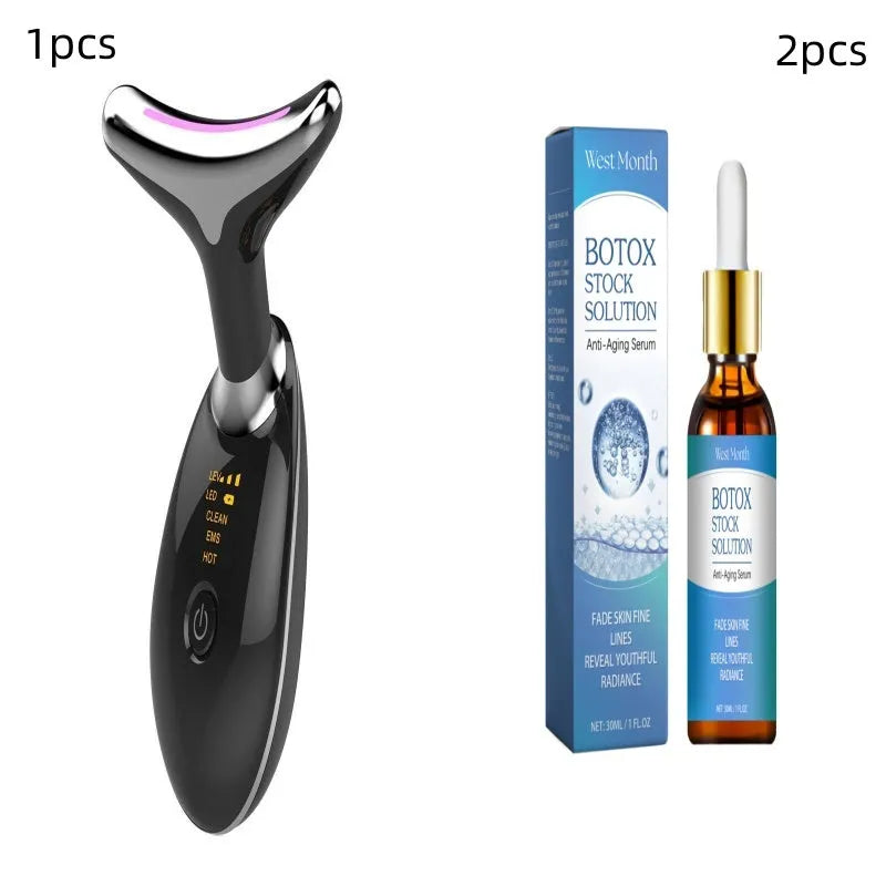 White EMS thermal neck lifting massager device with LED lights on a stand with USB cable
